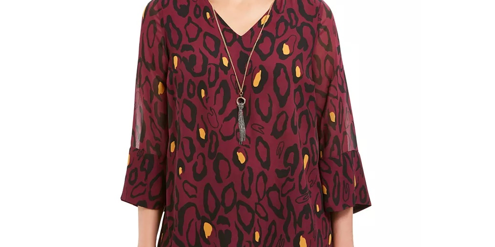 JM Collection Blusa Feminina Estampada com Colar Borgonha Tamanho P