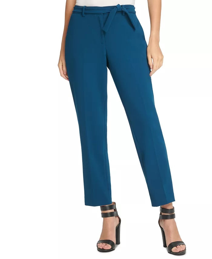 Calça feminina DKNY azul-petróleo com cinto e zíper para usar no trabalho, verde, tamanho 4