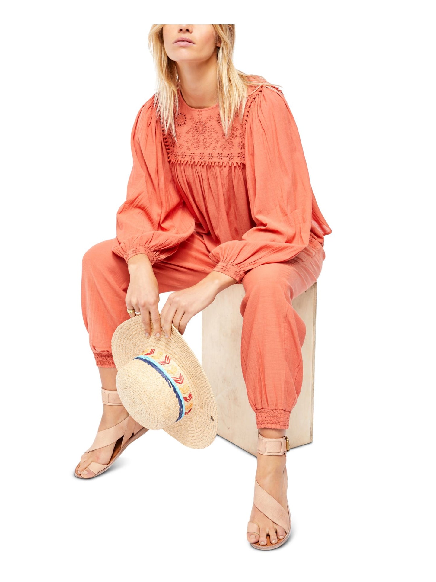 Blusa feminina de manga comprida com decote em joia Free People, laranja, tamanho extragrande