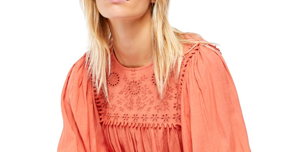 Blusa feminina de manga comprida com decote em joia Free People, laranja, tamanho extragrande