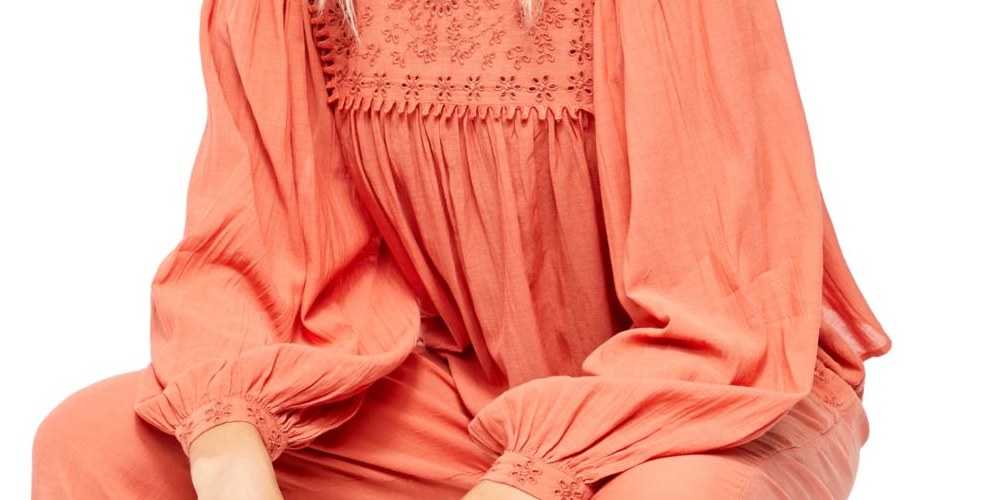 Blusa feminina de manga comprida com decote em joia Free People, laranja, tamanho extragrande