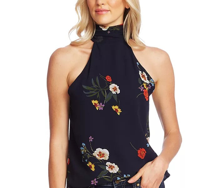 Blusa feminina Vince Camuto com estampa floral e gola alta, azul, tamanho grande
