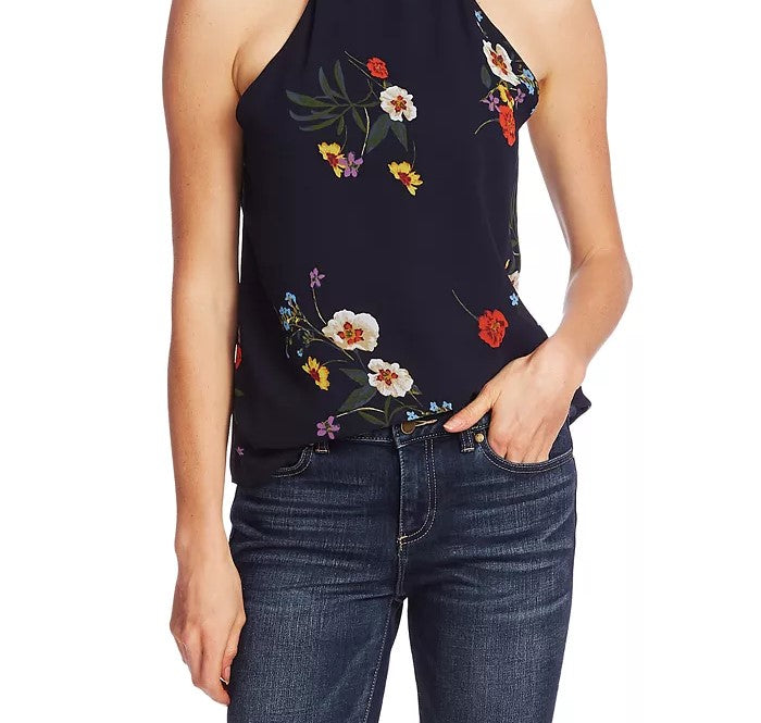 Blusa feminina Vince Camuto com estampa floral e gola alta, azul, tamanho grande