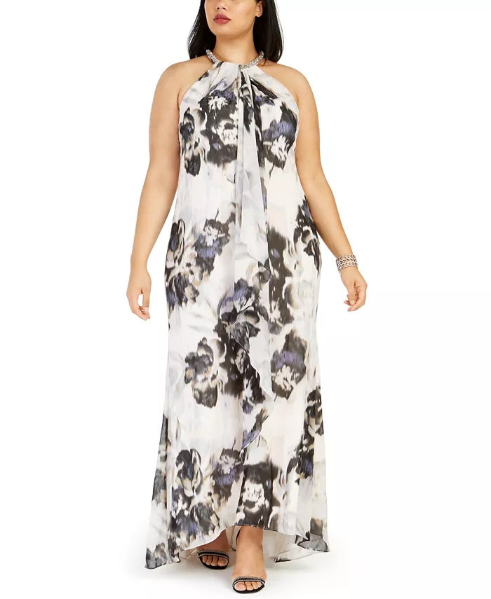 Vestido longo feminino Calvin Klein Plus Size com estampa floral em chiffon, rosa, tamanho 24W