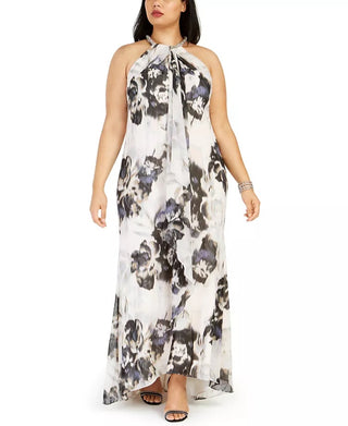 Vestido longo feminino Calvin Klein Plus Size com estampa floral em chiffon, rosa, tamanho 24W