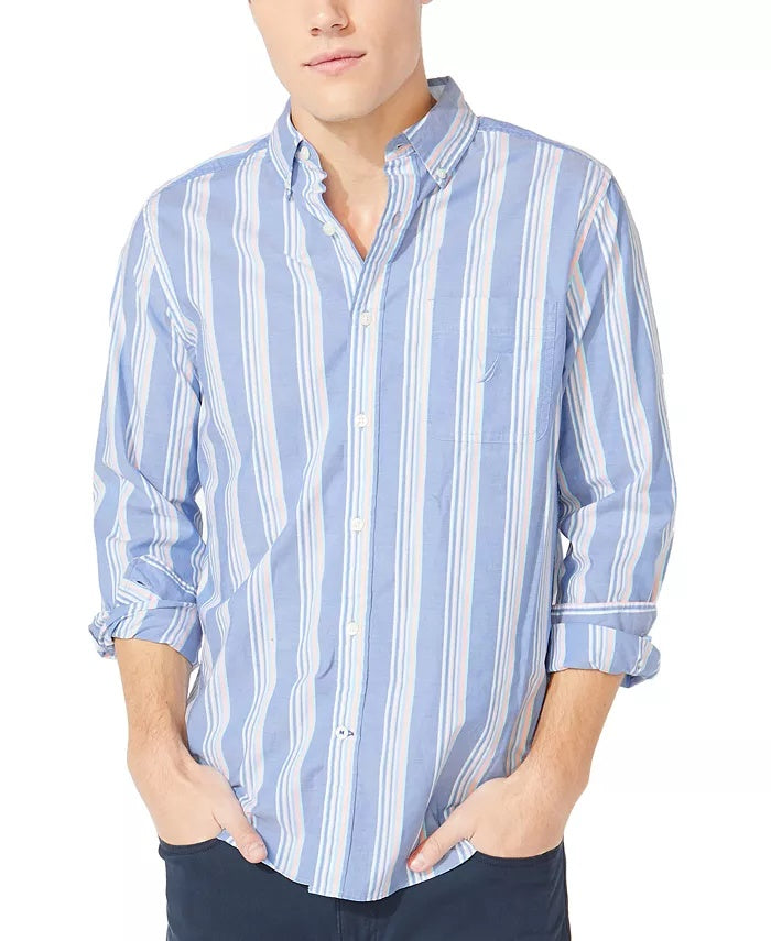 Camisa social masculina listrada Nautica, tamanho médio, azul