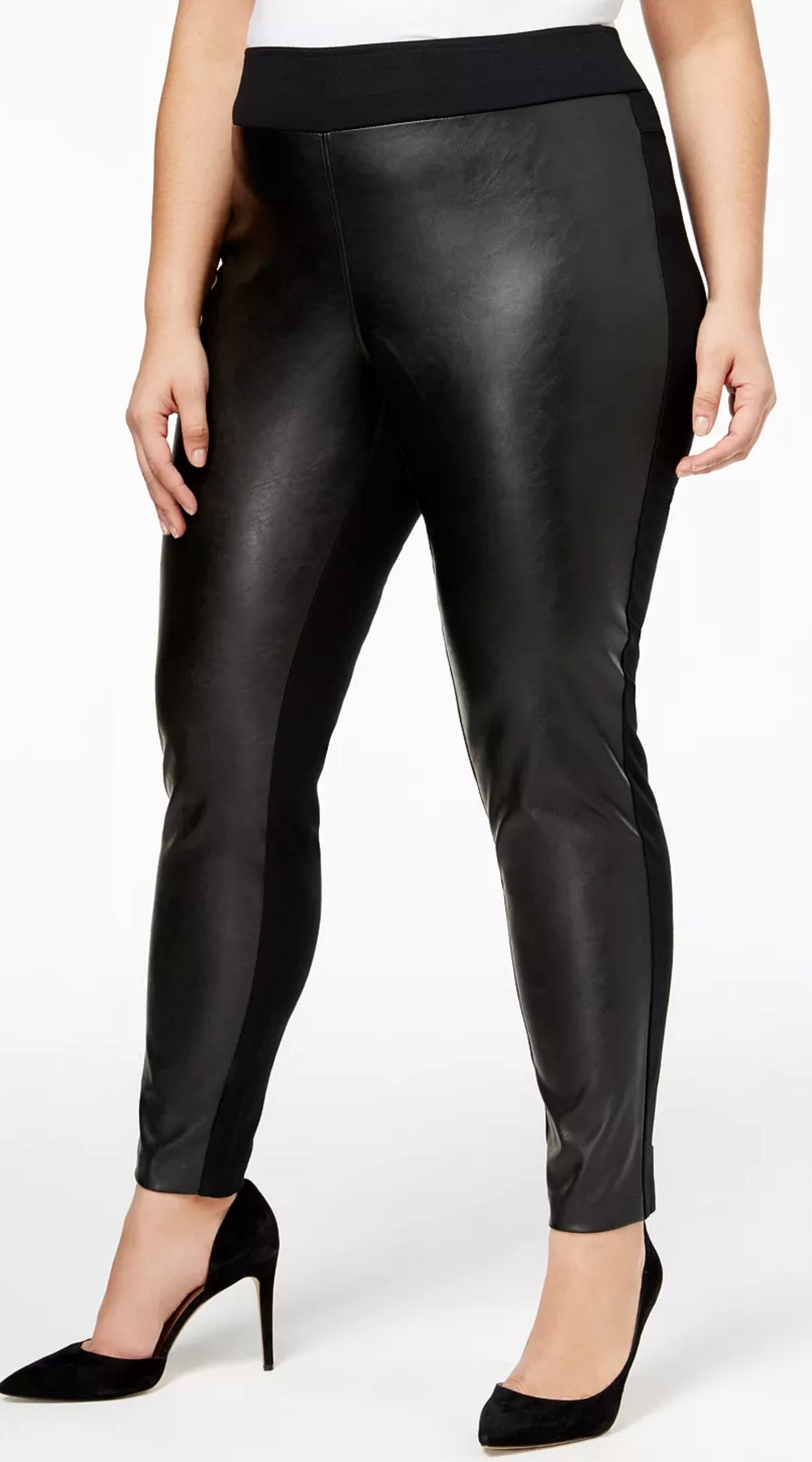 Calça legging feminina casual com frente de couro sintético da INC International Concepts, preta, tamanho 26W