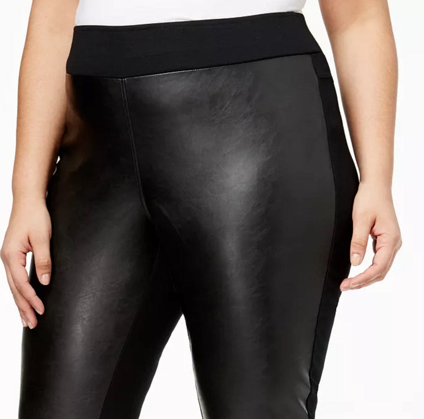 Calça legging feminina casual com frente de couro sintético da INC International Concepts, preta, tamanho 26W