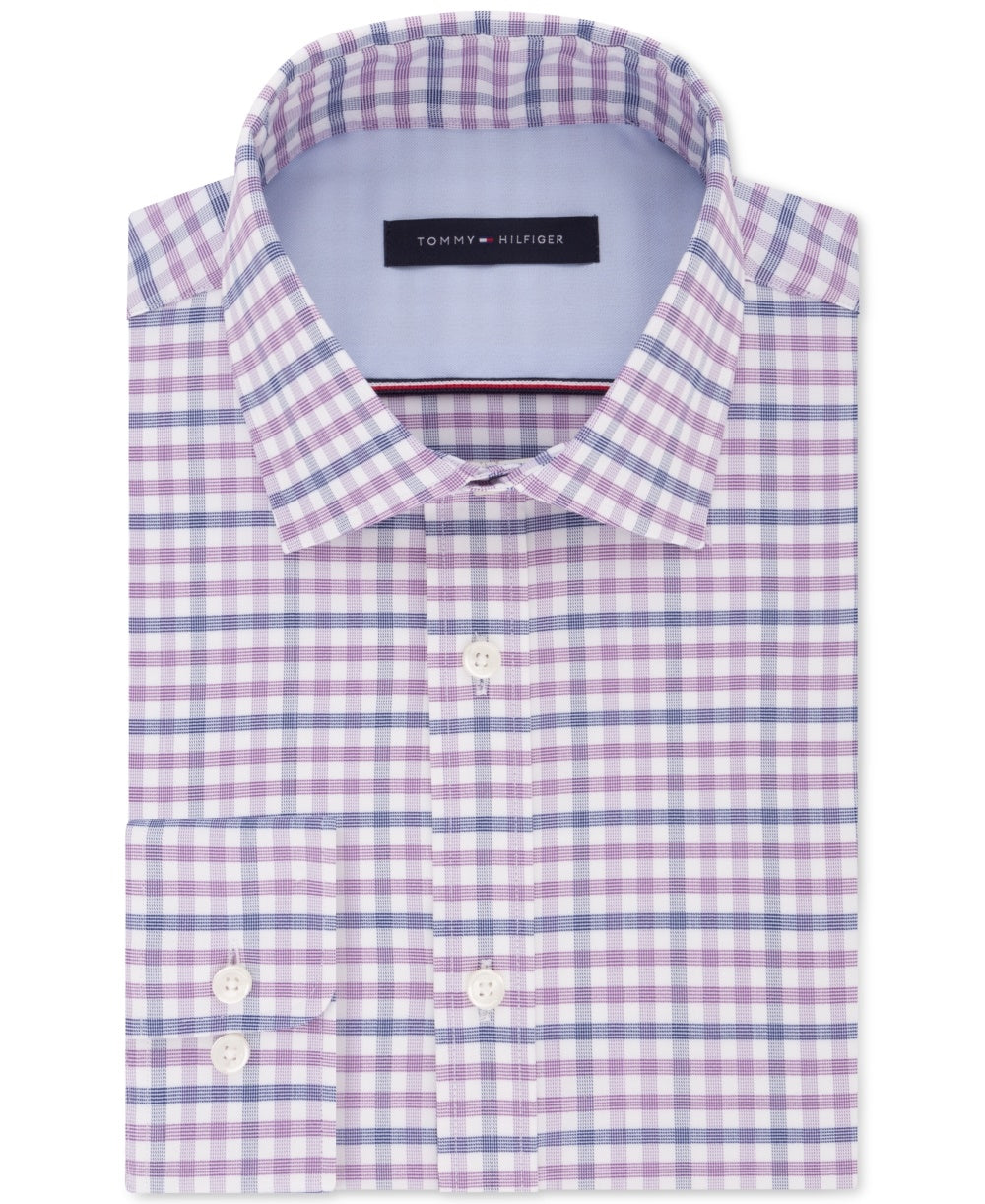 Camisa social masculina Tommy Hilfiger com ajuste fino e gola flexível xadrez, roxa, tamanho 16,5 x 34 x 35