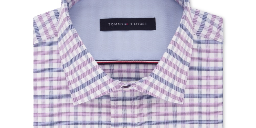 Camisa social masculina Tommy Hilfiger com ajuste fino e gola flexível xadrez, roxa, tamanho 16,5 x 34 x 35