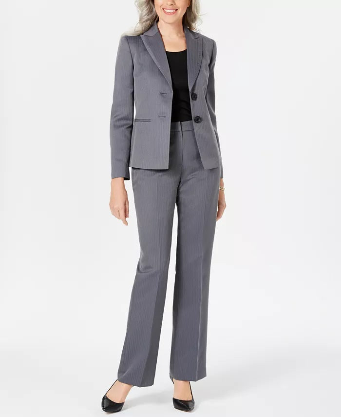 Le Suit Feminino Herringbone Pantsuit Cinza Tamanho 8