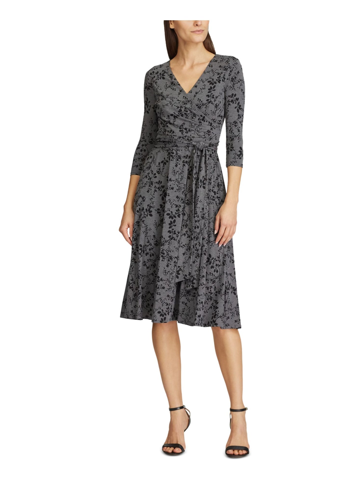 Vestido Ralph Lauren Feminino Cinza Floral Manga 3/4 Decote V Abaixo do Joelho Ajuste + Flare Tamanho 6 Petite