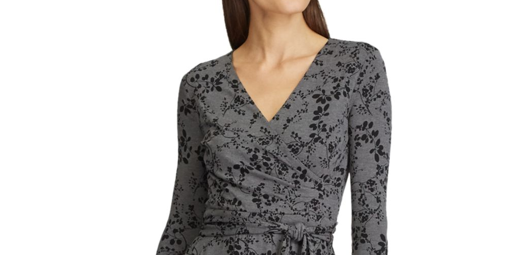 Vestido Ralph Lauren Feminino Cinza Floral Manga 3/4 Decote V Abaixo do Joelho Ajuste + Flare Tamanho 6 Petite