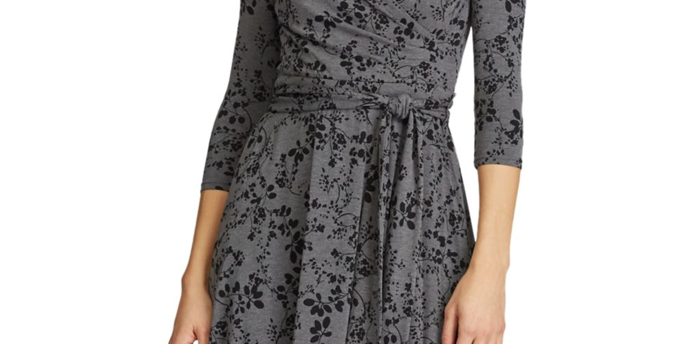 Vestido Ralph Lauren Feminino Cinza Floral Manga 3/4 Decote V Abaixo do Joelho Ajuste + Flare Tamanho 6 Petite