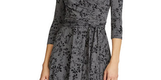 Vestido Ralph Lauren Feminino Cinza Floral Manga 3/4 Decote V Abaixo do Joelho Ajuste + Flare Tamanho 6 Petite