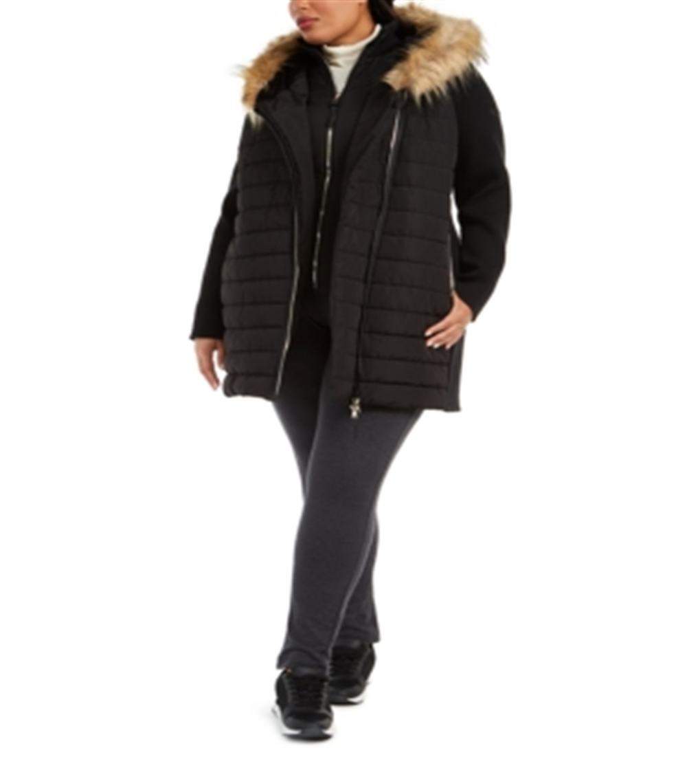 Casaco acolchoado Calvin Klein feminino com acabamento em pele sintética, preto, tamanho 2X