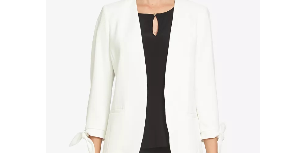 Blazer feminino CeCe com frente aberta e manga amarrada, branco, tamanho 4