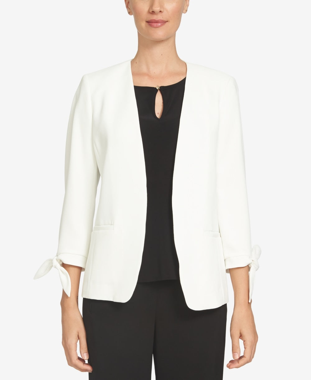 Blazer feminino CeCe com manga amarrada e frente aberta, branco, tamanho 10