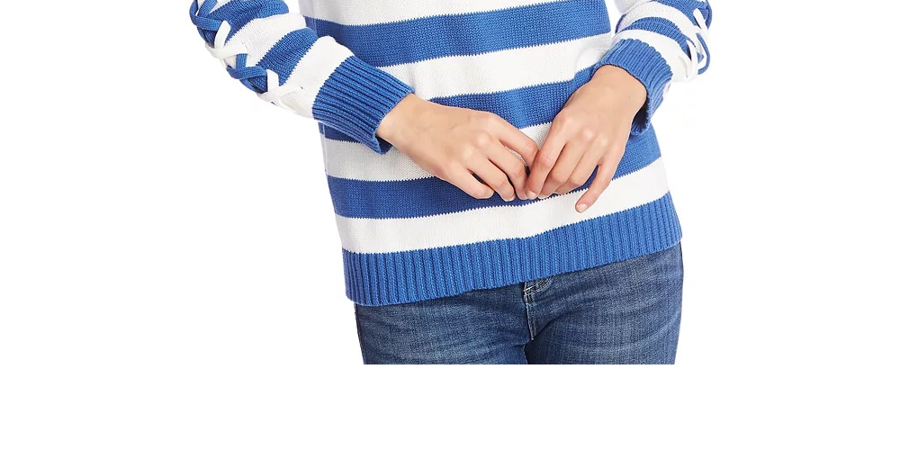 CeCe Suéter Feminino Pulôver Com Cadarço Listrado Azul Tamanho Grande