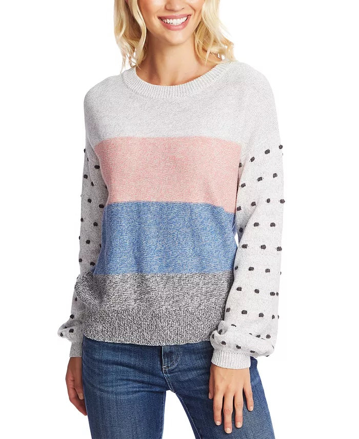 Suéter feminino CeCe com listras mescladas e pontos de pompom, branco, tamanho pequeno