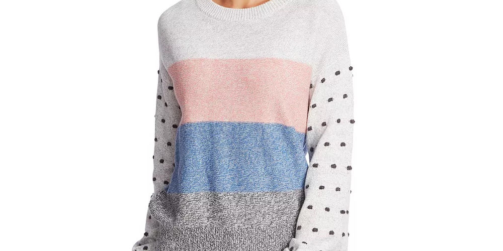 Suéter feminino CeCe com listras mescladas e pontos de pompom, branco, tamanho pequeno