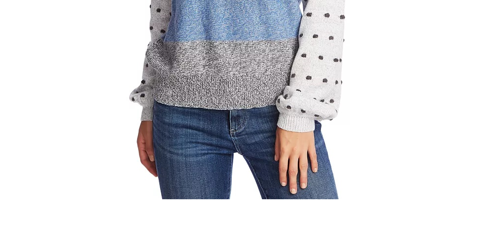 Suéter feminino CeCe com listras mescladas e pontos de pompom, branco, tamanho pequeno