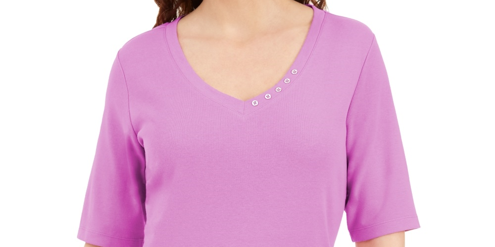 Blusa feminina Karen Scott com decote em V e detalhes em botões, roxa, tamanho médio