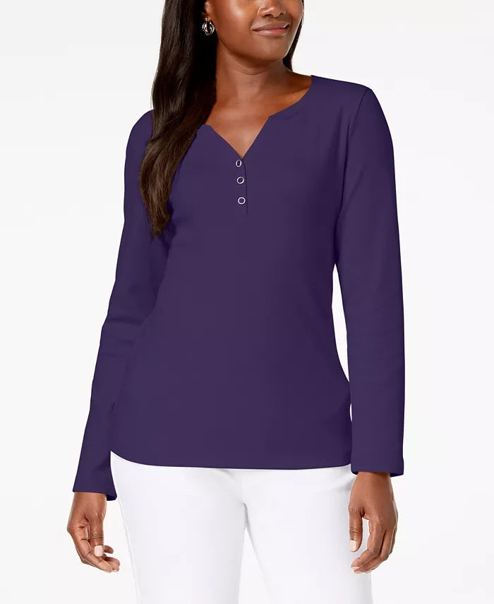 Karen Scott Blusa Feminina Petite Cotton Henley com Gola Roxa Tamanho Médio