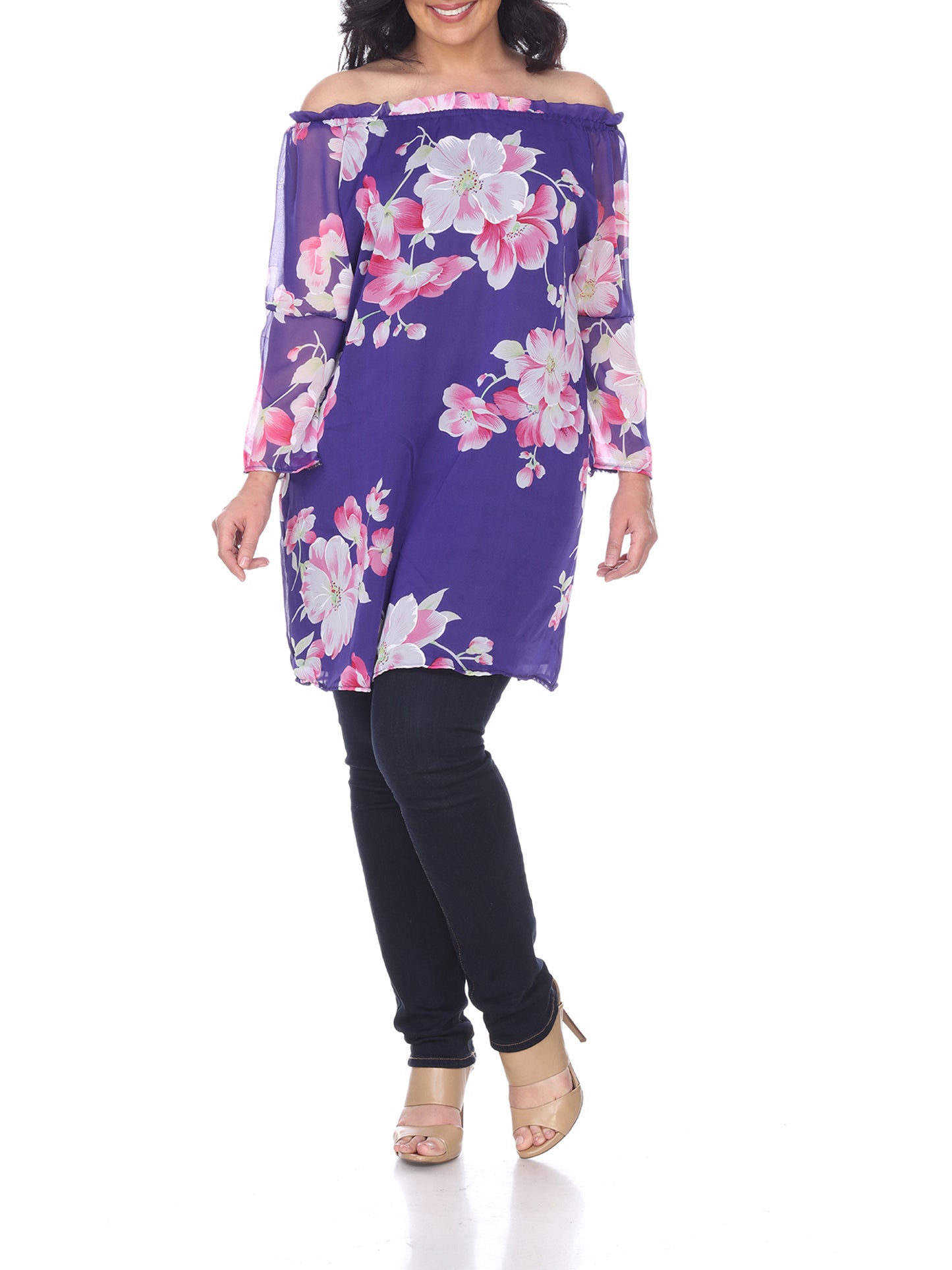 Blusa túnica feminina com estampa floral e ombros de fora, roxa, tamanho 4XL, da White Mark