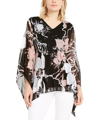 Blusa feminina Alfani com estampa floral e franzido, preta, tamanho P/M