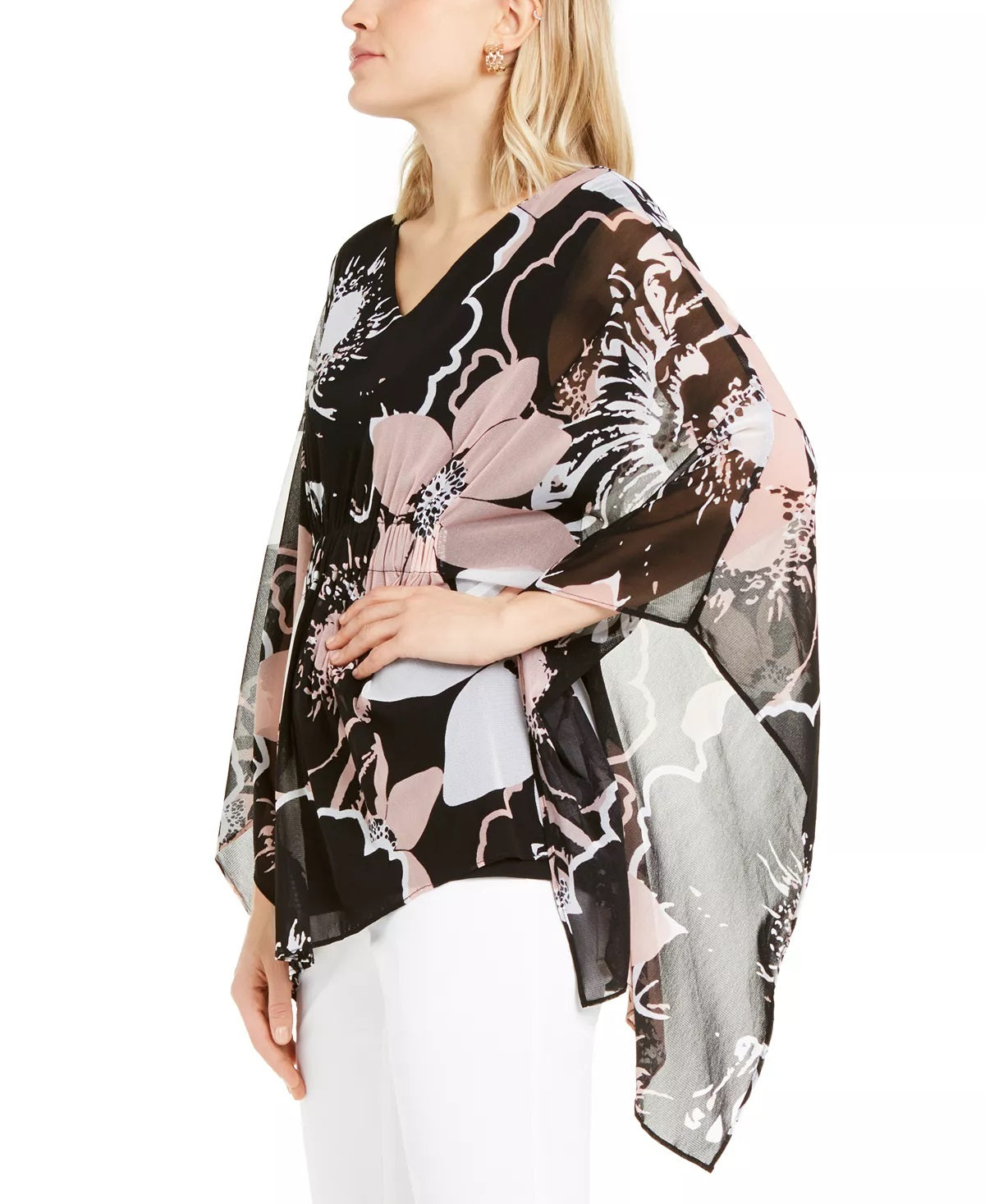Blusa feminina Alfani com estampa floral e franzido, preta, tamanho P/M