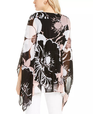 Blusa feminina Alfani com estampa floral e franzido, preta, tamanho P/M