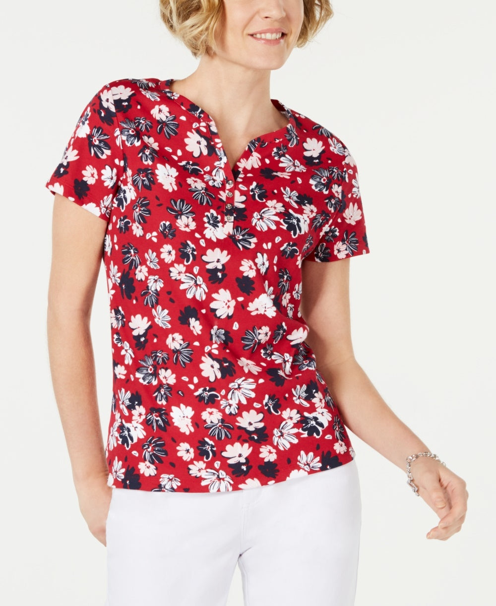 Karen Scott Camiseta Henley Feminina Estampada Liberty Daisy Vermelha Tamanho PL