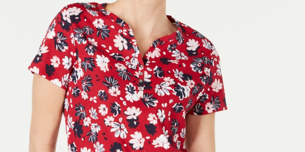 Karen Scott Camiseta Henley Feminina Estampada Liberty Daisy Vermelha Tamanho PL