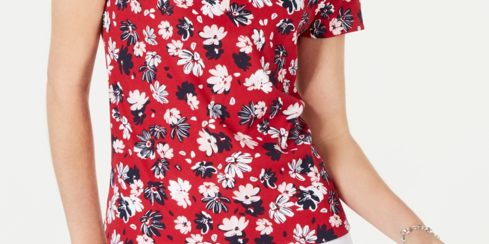 Karen Scott Camiseta Henley Feminina Estampada Liberty Daisy Vermelha Tamanho PL