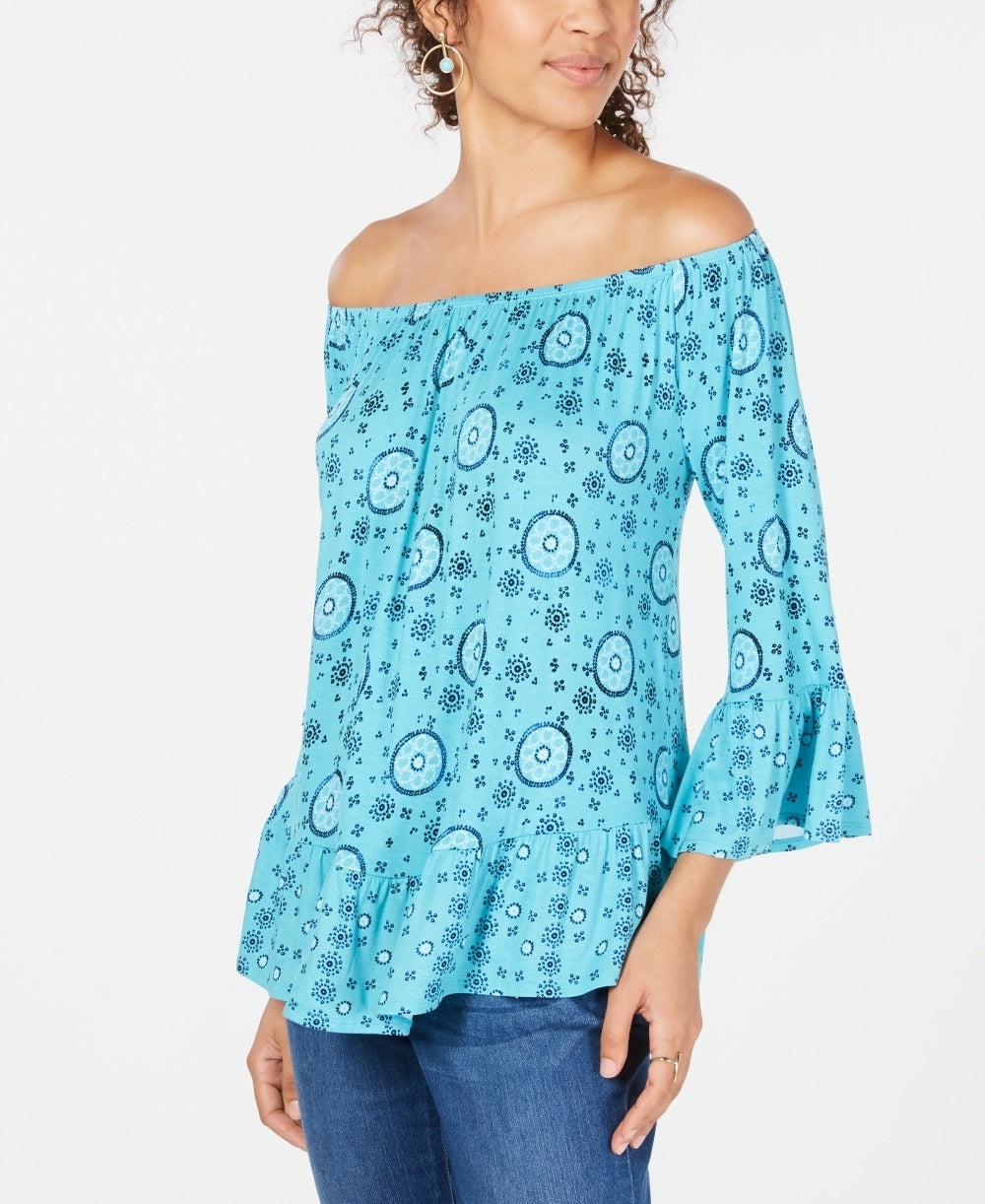 Top curto estampado ombro a ombro feminino Style &amp; Co, tamanho azul