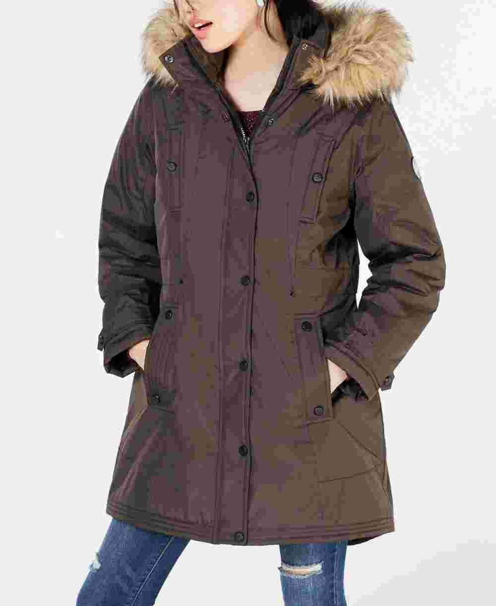 Jaqueta parka com capuz Madden Girl Juniors feminina com acabamento em pele sintética verde-oliva tamanho pequeno