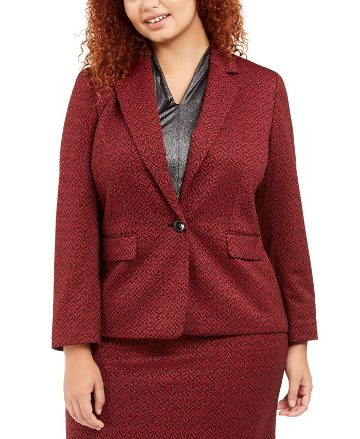Blazer jacquard plus size feminino Nine West, tamanho 18W, vinho, com um botão