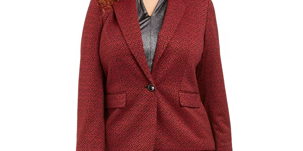 Blazer jacquard plus size feminino Nine West, tamanho 18W, vinho, com um botão