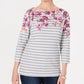 Karen Scott Blusa Feminina Listrada Floral Petite com Decote Canoa Cinza/Branco Tamanho Médio