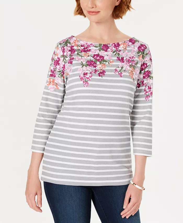 Karen Scott Blusa Feminina Listrada Floral Petite com Decote Canoa Cinza/Branco Tamanho Médio