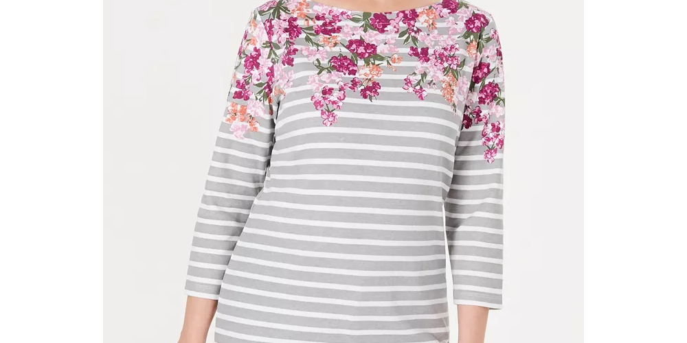 Karen Scott Blusa Feminina Listrada Floral Petite com Decote Canoa Cinza/Branco Tamanho Médio