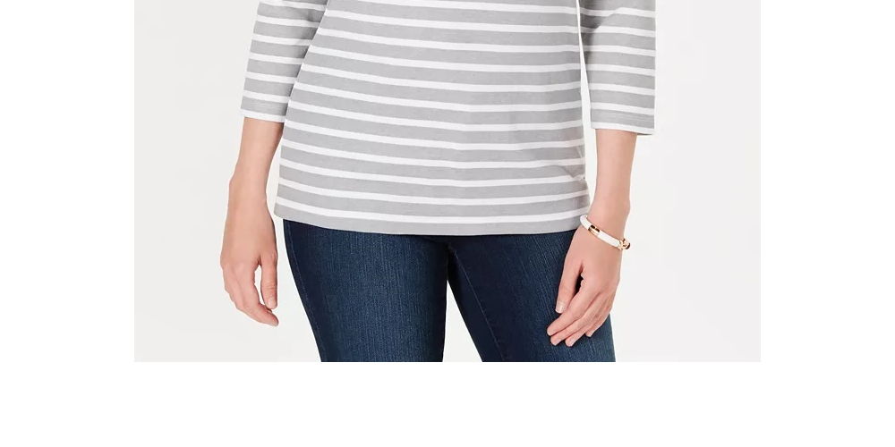 Karen Scott Blusa Feminina Listrada Floral Petite com Decote Canoa Cinza/Branco Tamanho Médio