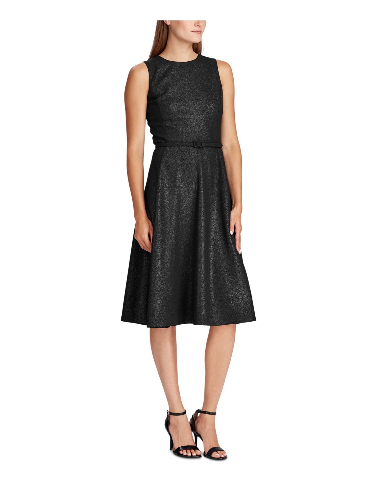 Ralph Lauren Women's Sleeveless Jewel Neck Below The Knee Evening Fit Flare Dress Black Size 16