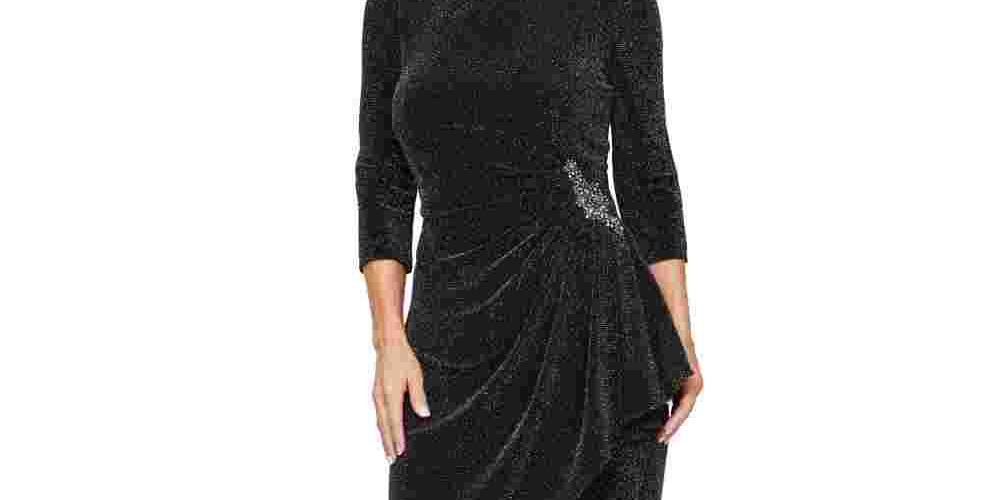 Vestido de coquetel feminino Alex Evenings com manga 3/4 brilhante, decote redondo acima do joelho, tamanho quadrado 18