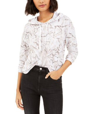 Bar III Women's Marble-Print Pullover Hoodie White Size XX-Large