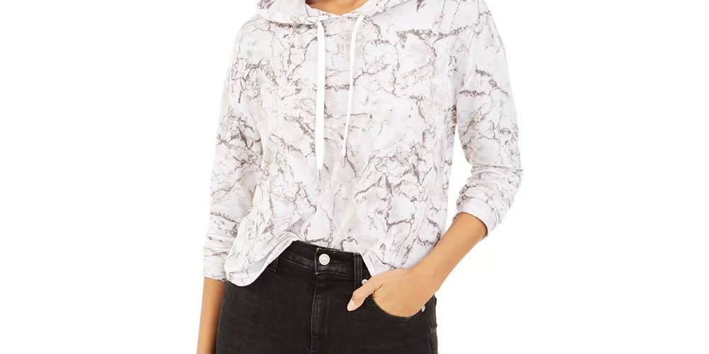 Moletom com capuz feminino Bar III com estampa de mármore, branco, tamanho pequeno