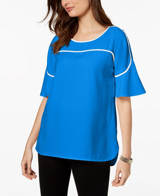 Blusa feminina Alfani com decote em V e mangas bufantes, azul, tamanho P