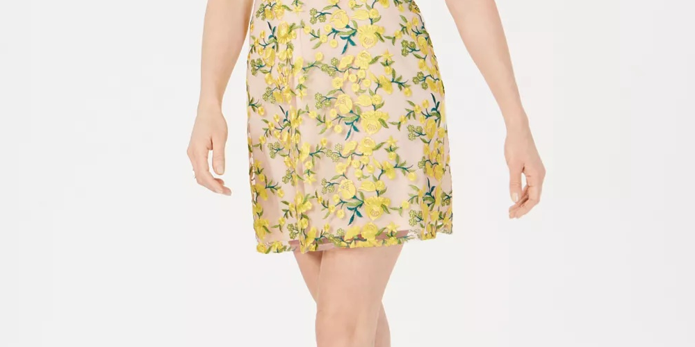 Adrianna Papell Minivestido Feminino Bordado Sobreposto Amarelo Tamanho 10