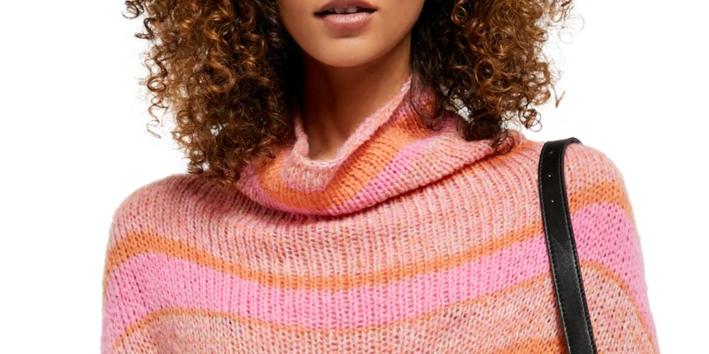 Túnica feminina listrada laranja, manga comprida, gola alta, rosa, tamanho grande